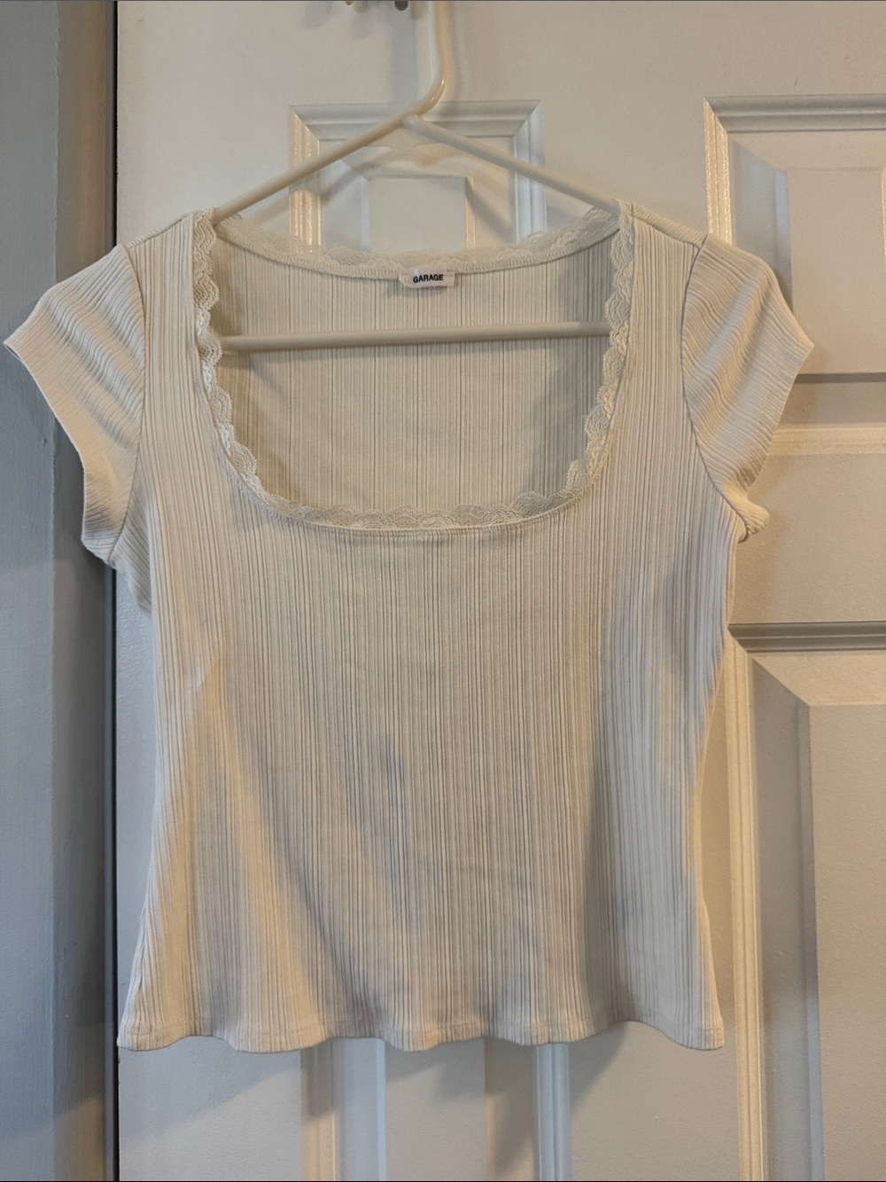 Garage Cream Ribbed Scoop Neck Tee with Lace Trim